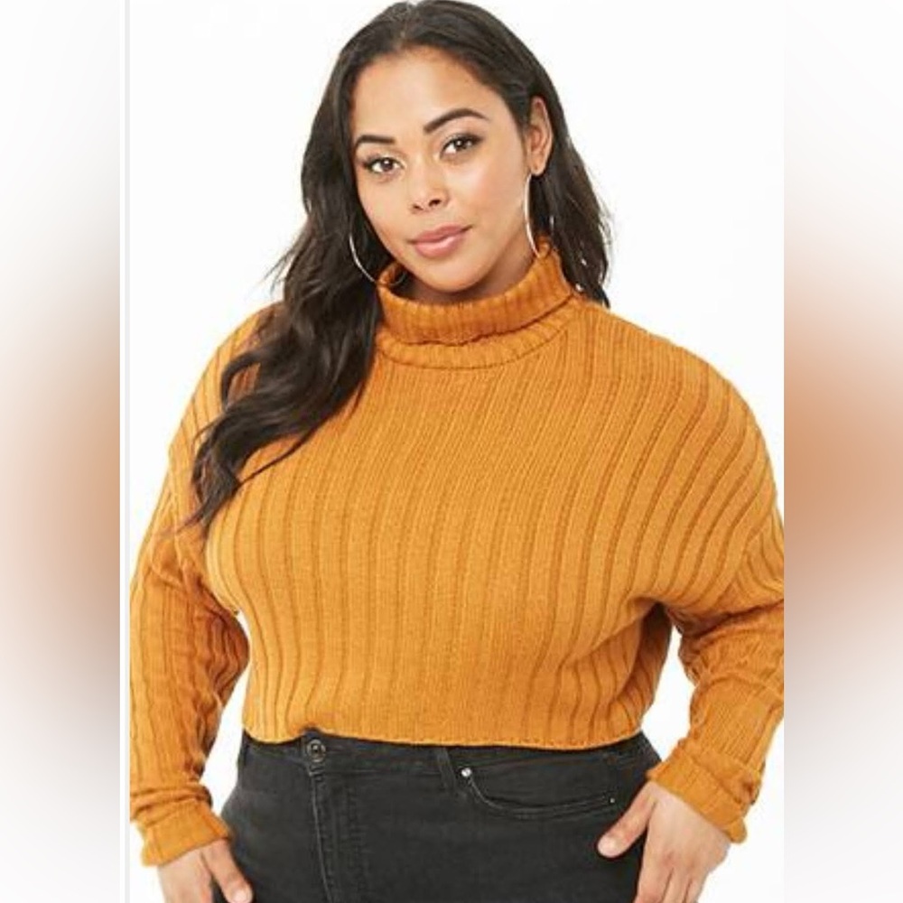 Gold Ribbed knit turtleneck cropped sweater.